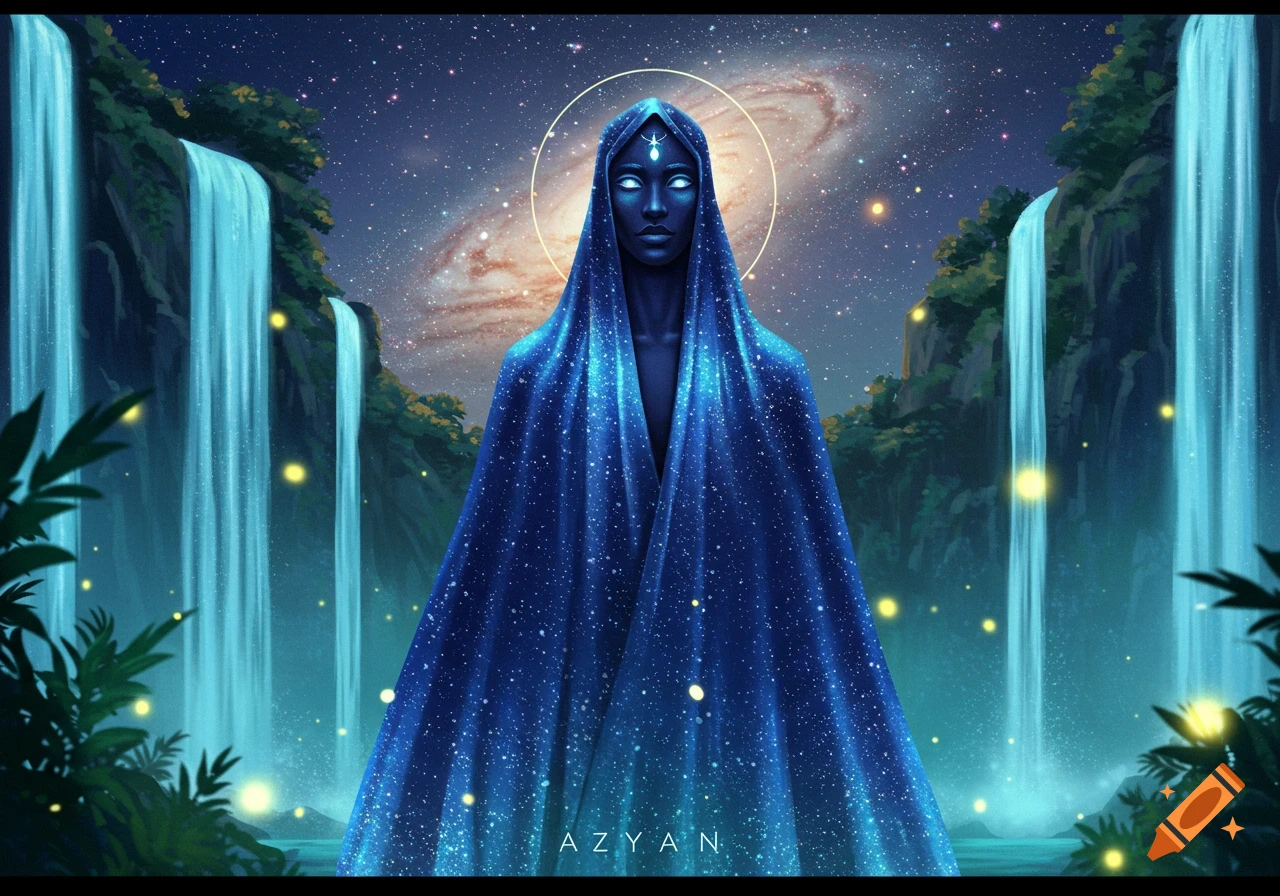 Mystical figure in a starry blue cloak, with glowing eyes and a halo, standing between two luminous waterfalls under a galaxy night sky.