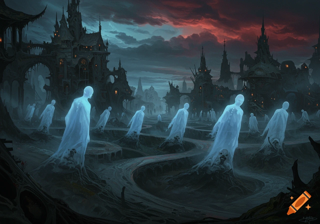 Glowing blue ghosts float through a dark, eerie gothic landscape with crumbling castles under a red and stormy sky.