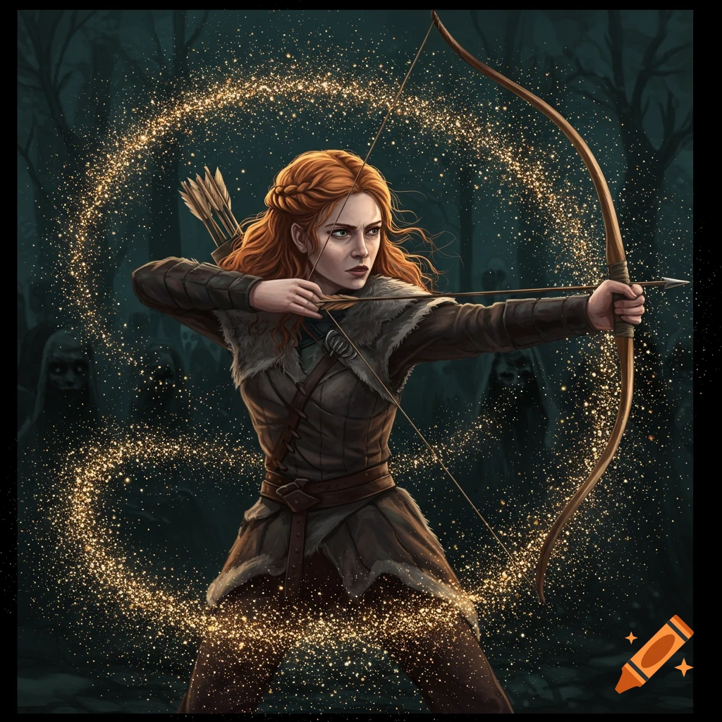 Red-haired archer Ygritte aims a bow in a dark forest with golden sparkles and ghostly figures, illustrated.