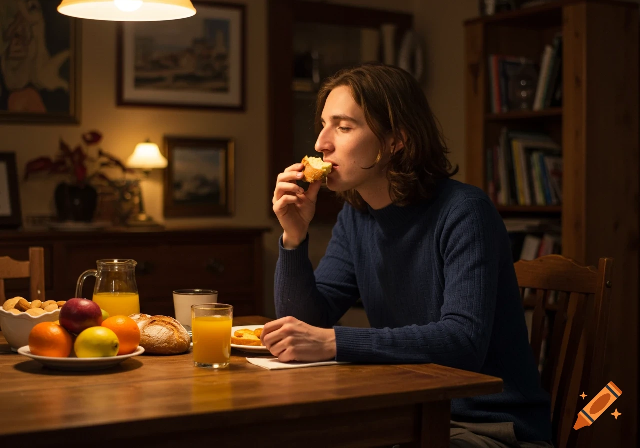 A person with long brown hair in a blue sweater eats bread at a wooden dining table filled with fruit, juice, and bread.