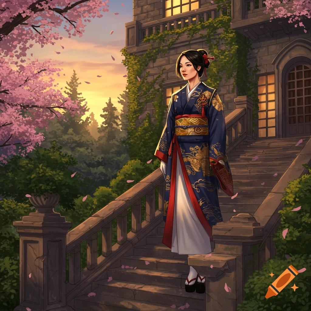 A woman in a blue kimono stands on stone stairs leading to a castle, surrounded by pink cherry blossoms at sunset.