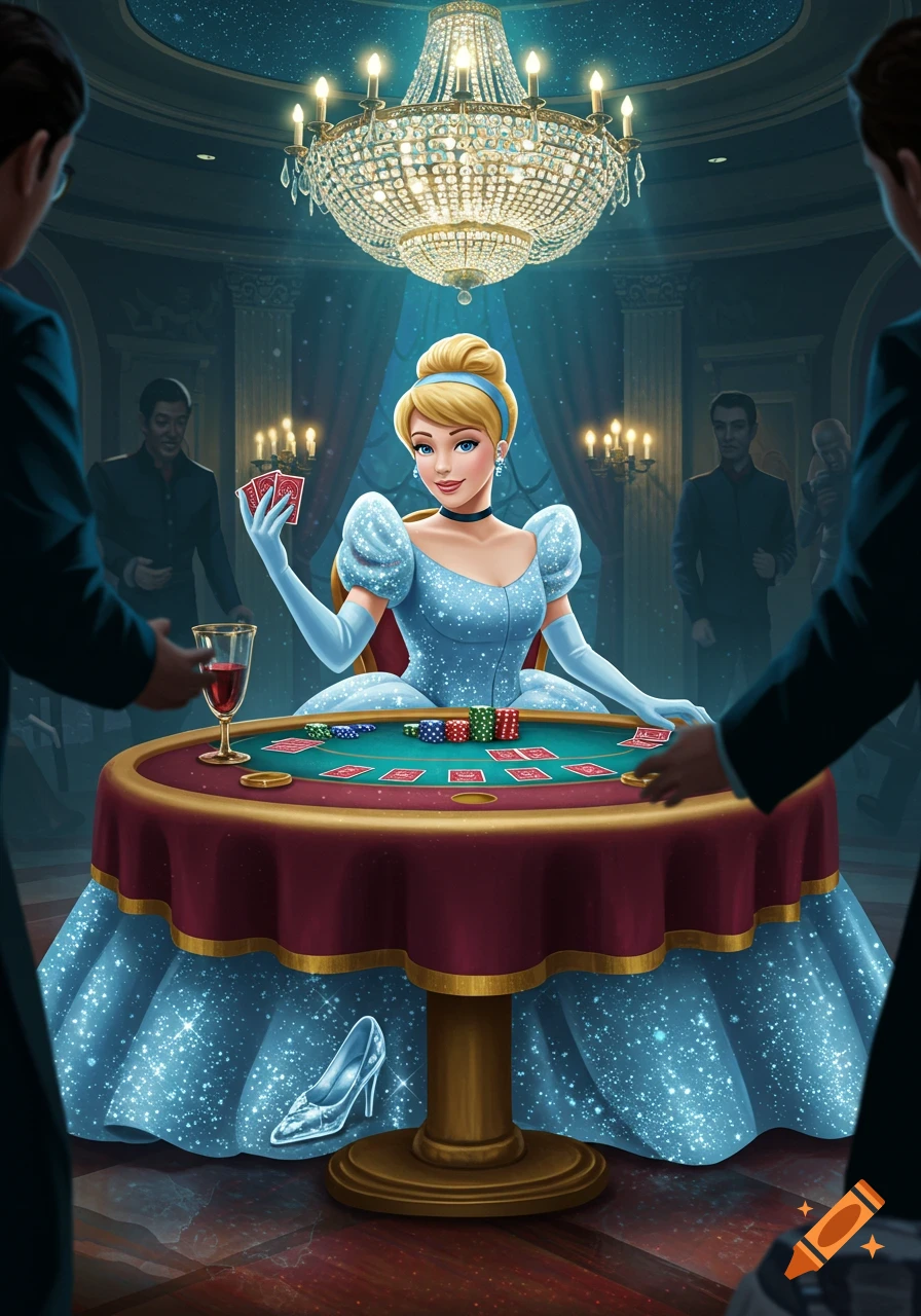Cinderella in a sparkling blue gown plays poker at a casino table, holding cards, with chips and a glass of wine.