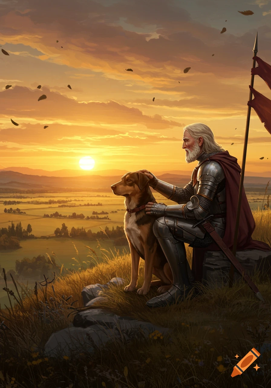 An old knight in armor pets a dog on a grassy hill overlooking a valley at sunset. Digital art.