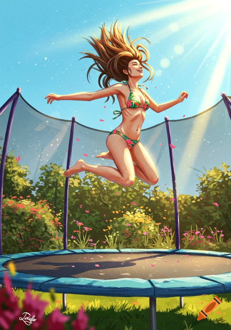 A woman with long brown hair bounces high on a trampoline, wearing a floral bikini, set against a bright blue sky and green, flowery bushes. Stylized illustration.