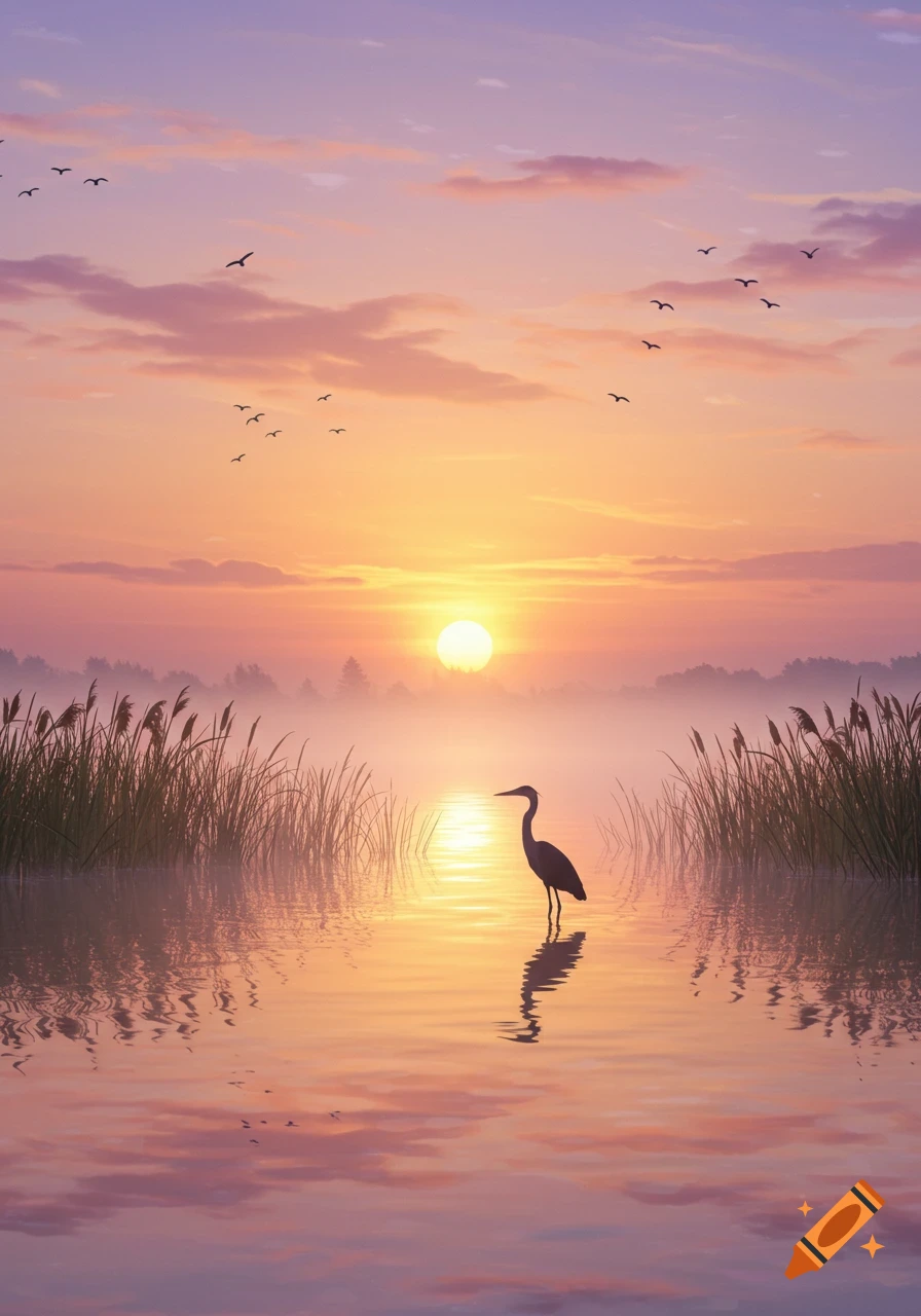 A heron stands in calm water during a pastel-colored sunrise with birds flying in the misty sky.