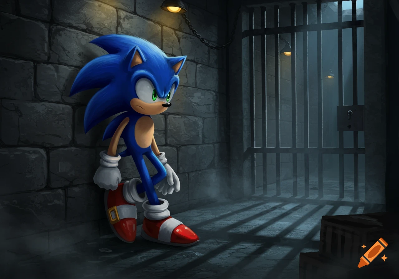 Sonic the Hedgehog looks glum, leaning against a stone wall in a dimly lit prison cell.