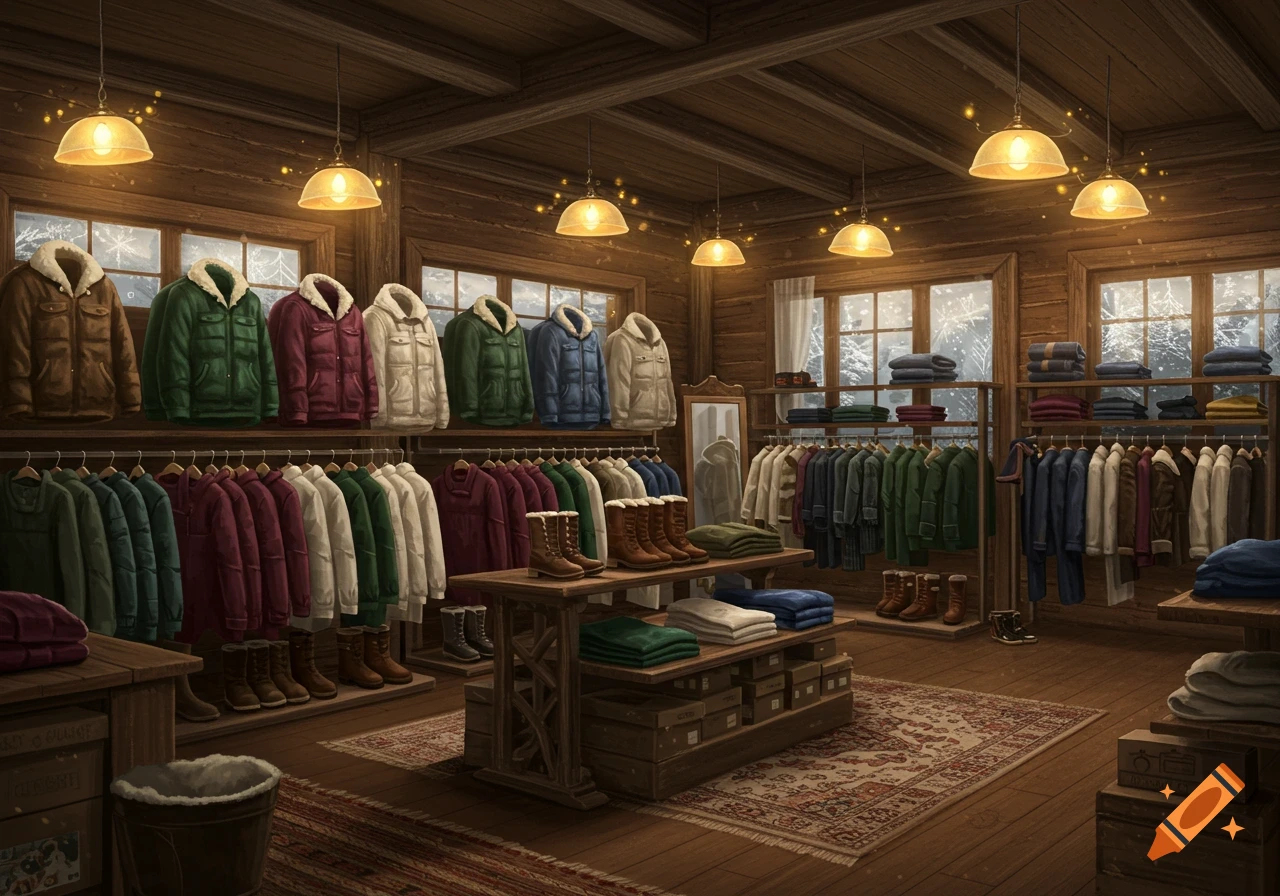 A cozy wooden winter clothing store with racks of heavy jackets, shirts, folded apparel, and display tables of boots and more folded clothing. Snow is visible outside the windows.