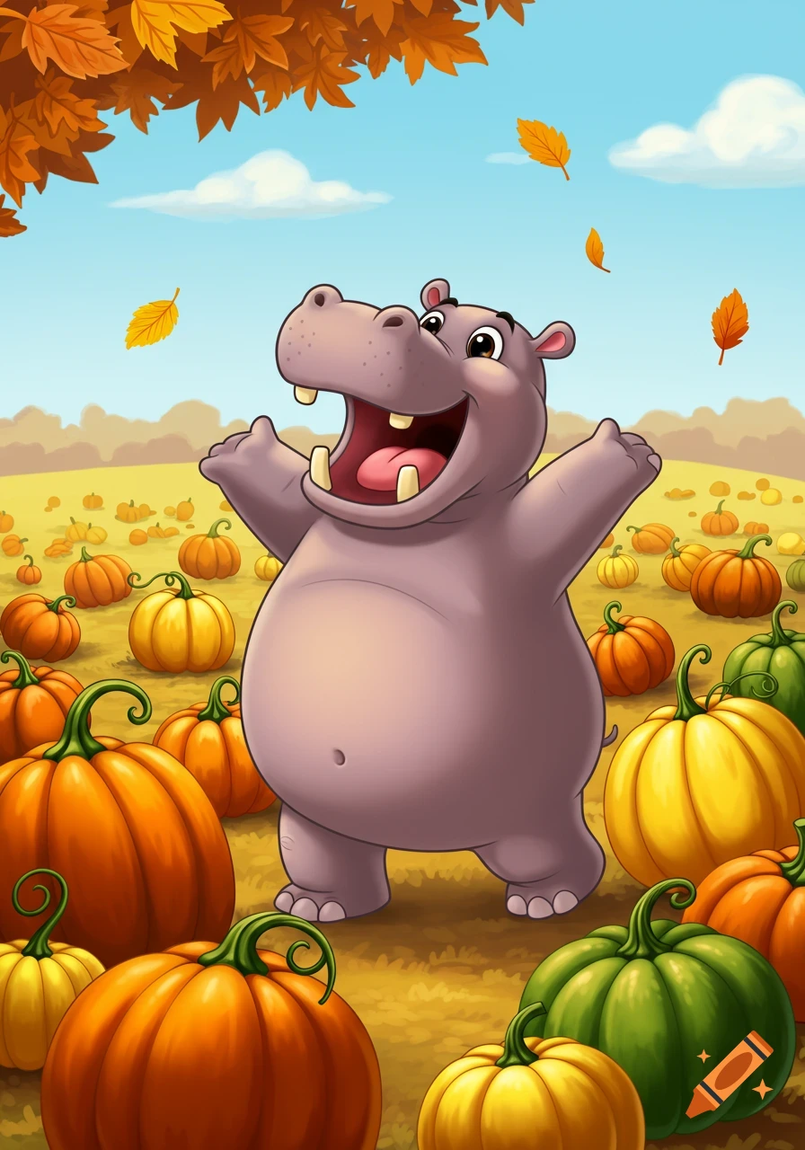 A happy cartoon hippo with an open mouth and raised arms stands in a field of pumpkins under falling autumn leaves.