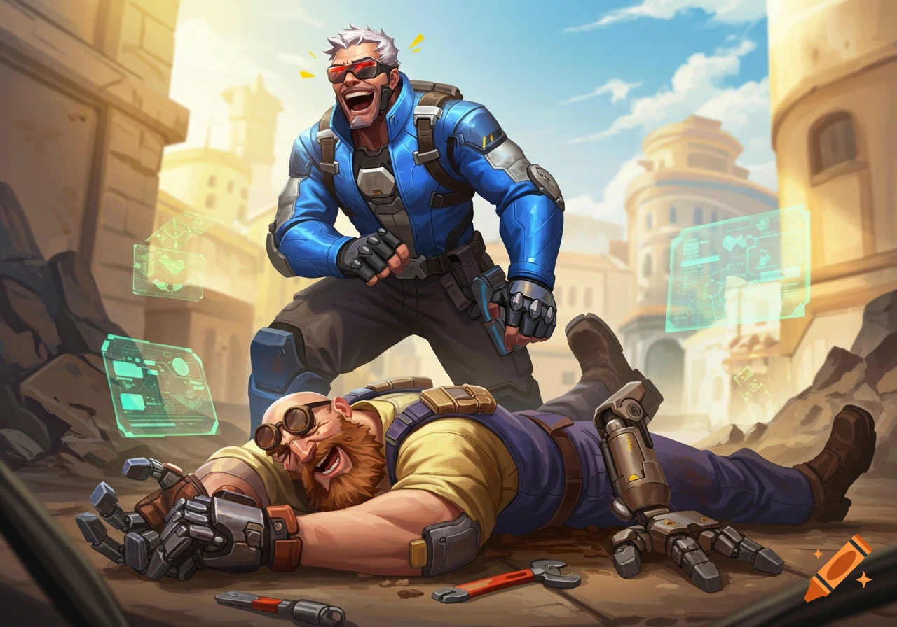 Soldier 76 from Overwatch laughs triumphantly over a defeated Torbjorn in a stylized sci-fi city street scene with holographic displays.