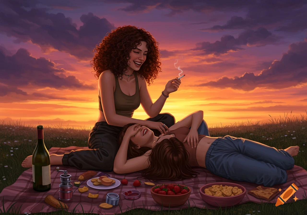 Digital illustration of two women laughing on a picnic blanket during a vibrant sunset, one holding a cigarette, the other resting on her friend's lap.