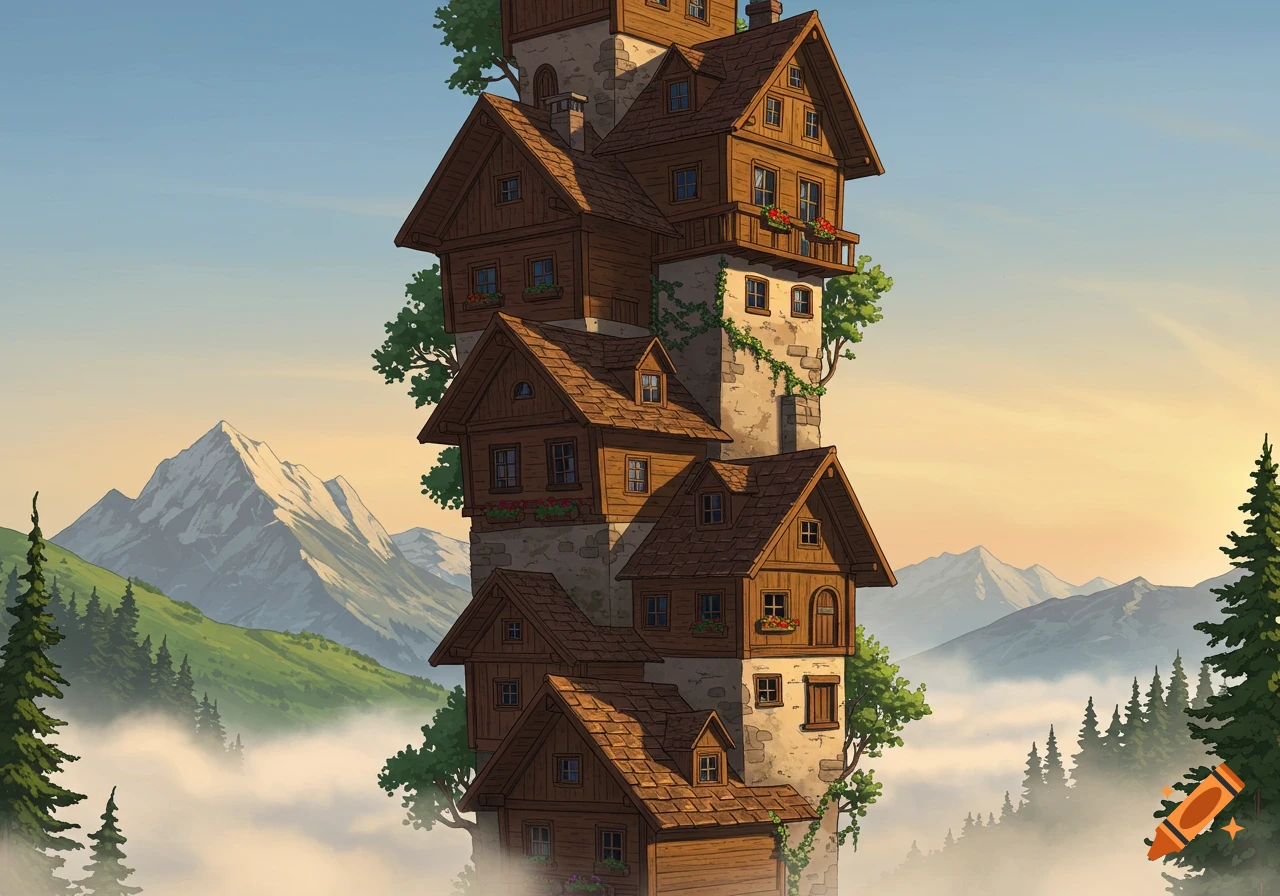 A towering structure of stacked wooden chalets on a stone base, amidst mountain peaks and clouds, in an illustrative style.