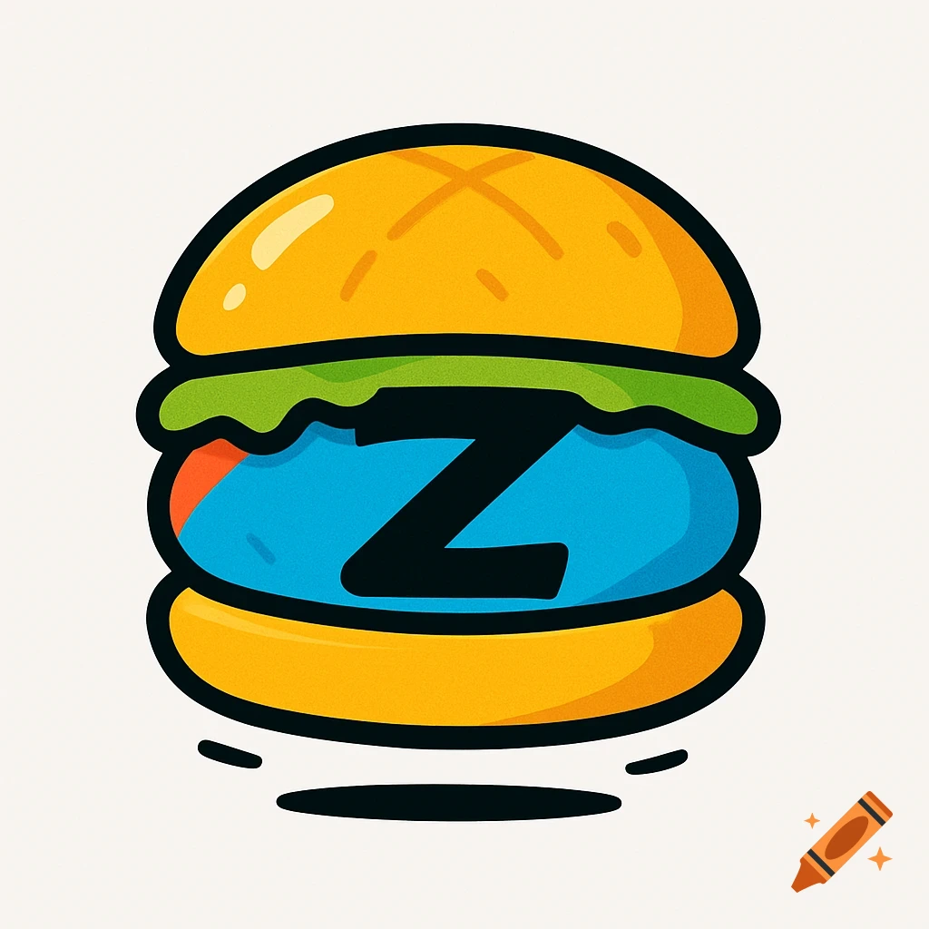 An animated logo of a burger with yellow buns, green lettuce, a blue patty, and a black Z on the front.