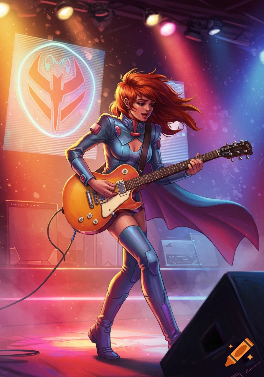 An anime-style woman with red hair plays an electric guitar on a stage with a glowing sci-fi symbol and colorful spotlights.