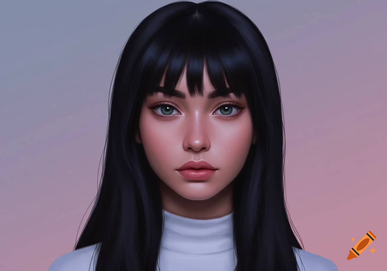Stylized portrait of a young woman with long black hair and bangs, green eyes, and pink lips, against a gradient background.