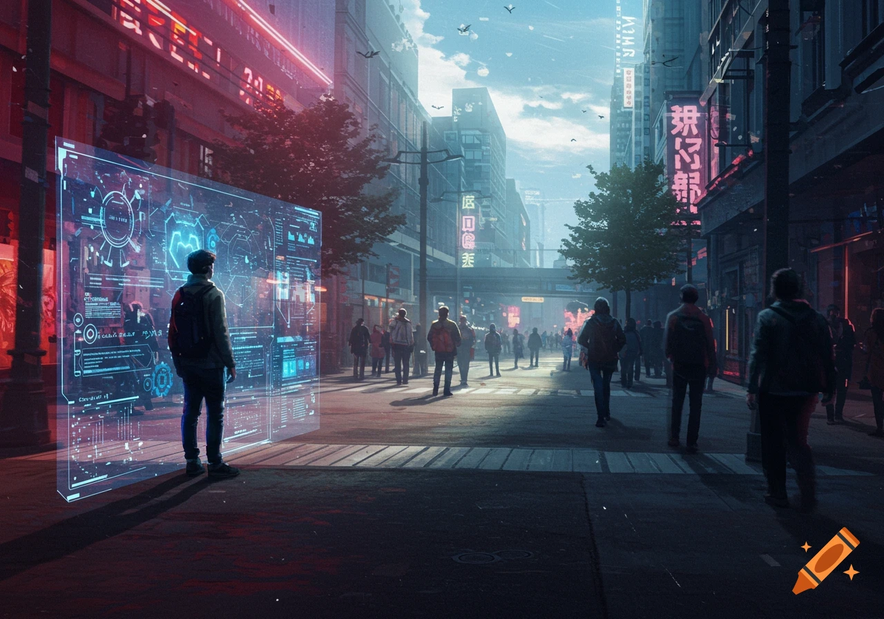 A person stands on a futuristic city street, looking at a large glowing holographic display, with neon signs and other pedestrians.