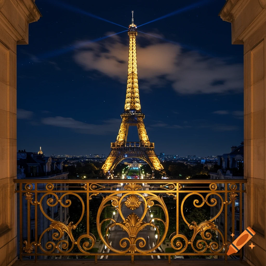 The Eiffel Tower glows at night, viewed from a chic hotel balcony with ornate golden railings in the foreground. Photorealistic.