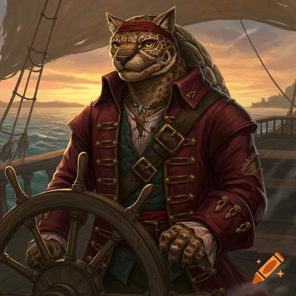 A humanoid jaguar pirate, dressed in a red coat and bandanna, steering a ship at sunset, in a digital painting style.