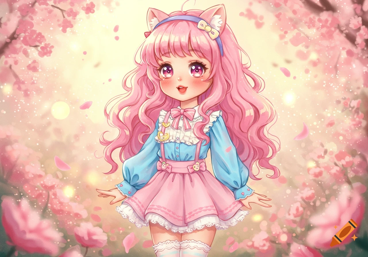 A kawaii anime girl with pink hair, cat ears, and a frilly pink and blue dress smiles amidst cherry blossoms.