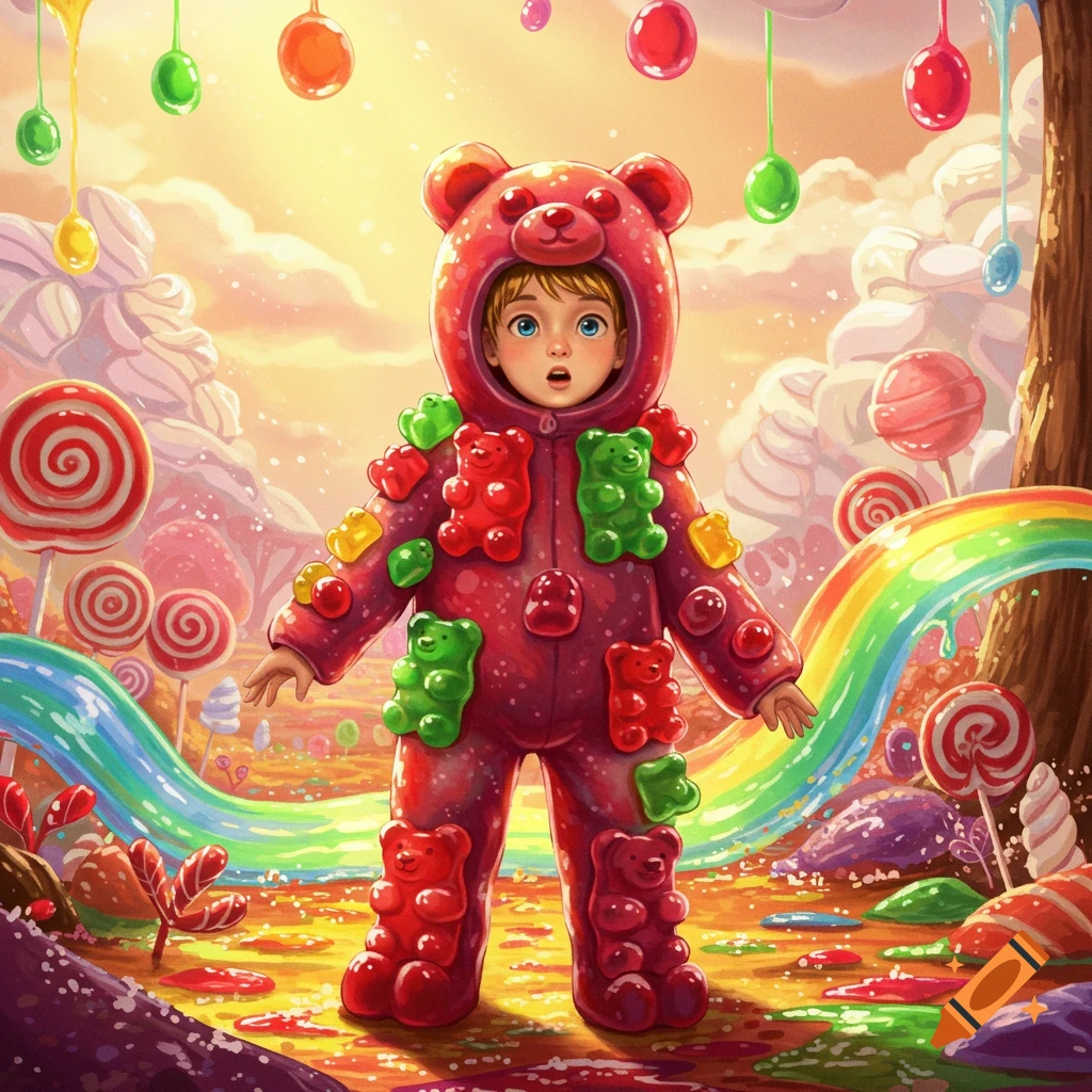 A child in a red gummy bear suit stands in a vibrant candy land with lollipops, rainbows, and colorful sweets.