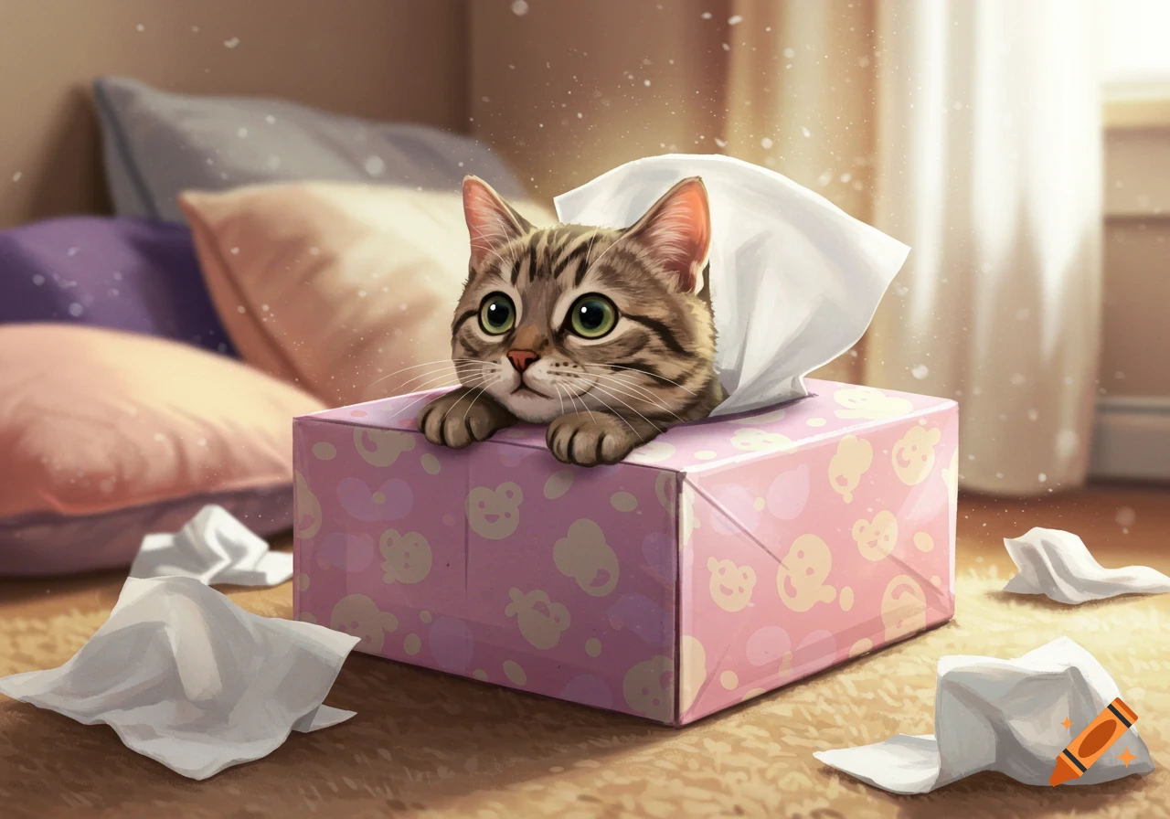 A cute tabby cat with big green eyes peeks out from a pink tissue box, surrounded by crumpled tissues in a cozy, sunlit room.