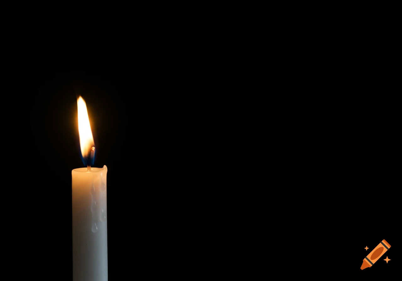 A close-up of a lit white candle with a bright flame, set against a completely black background.