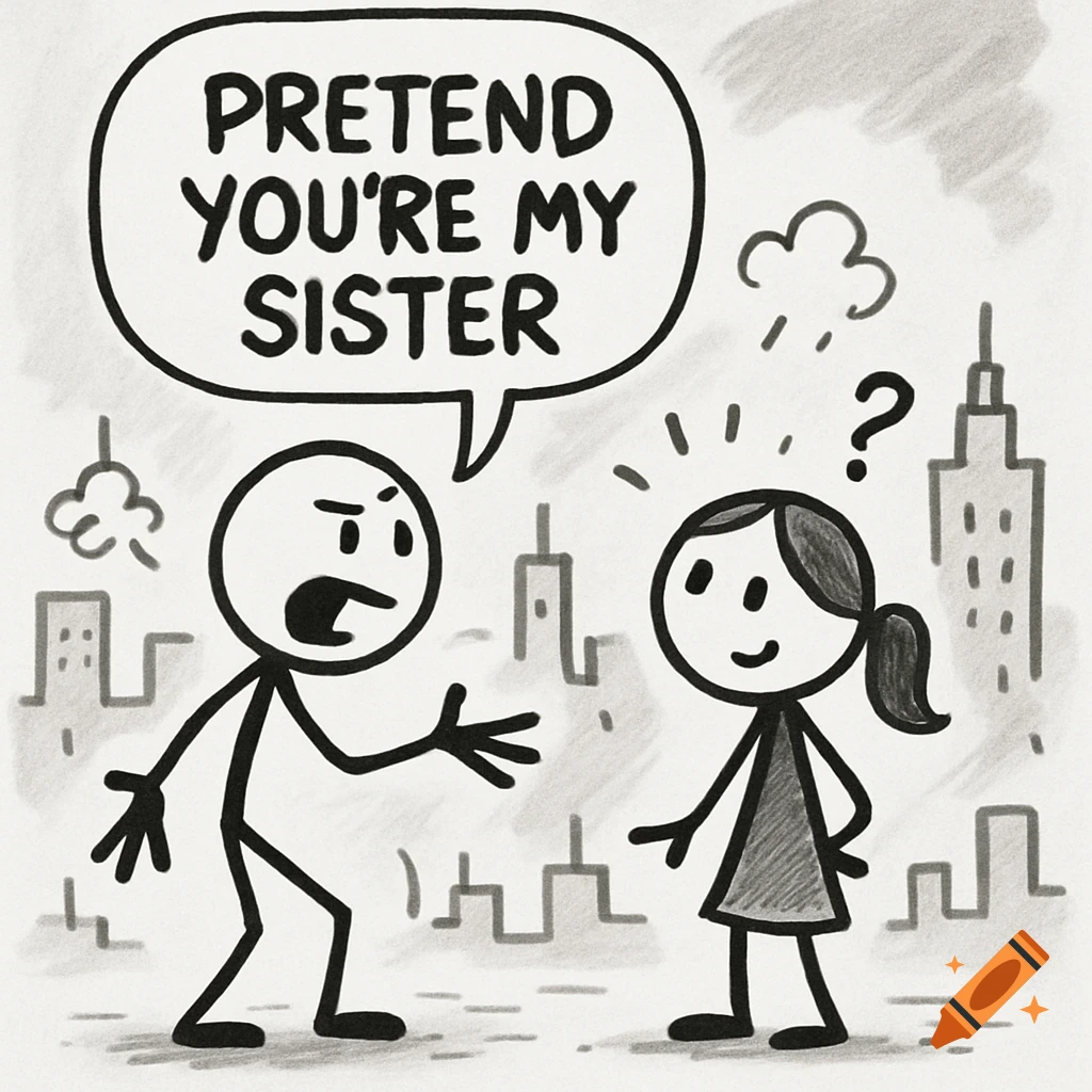 A stick figure man yells 'PRETEND YOU'RE MY SISTER' in a speech bubble at a confused stick figure woman against a city background, cartoon style.