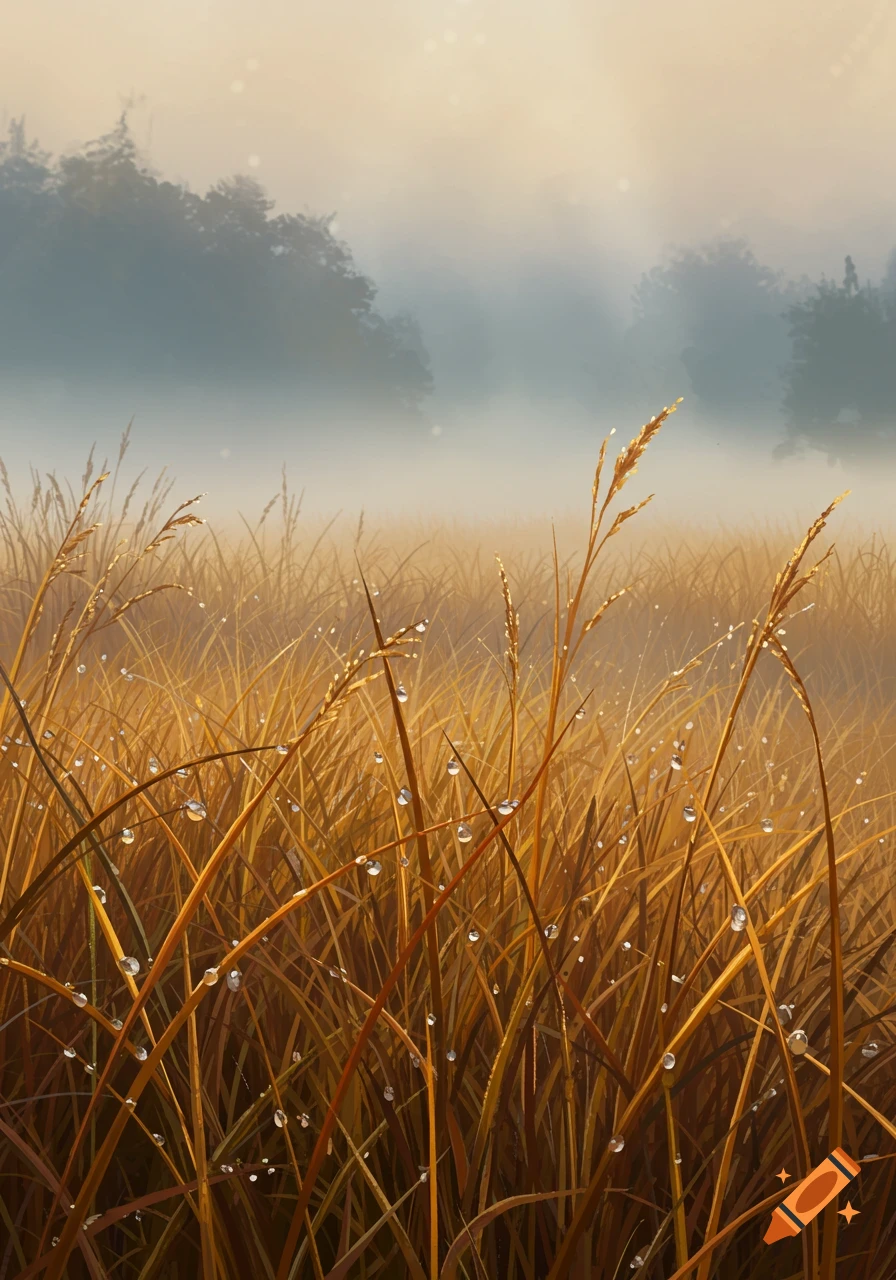 Dewy golden-brown fall grasses with misty trees in a painterly style.