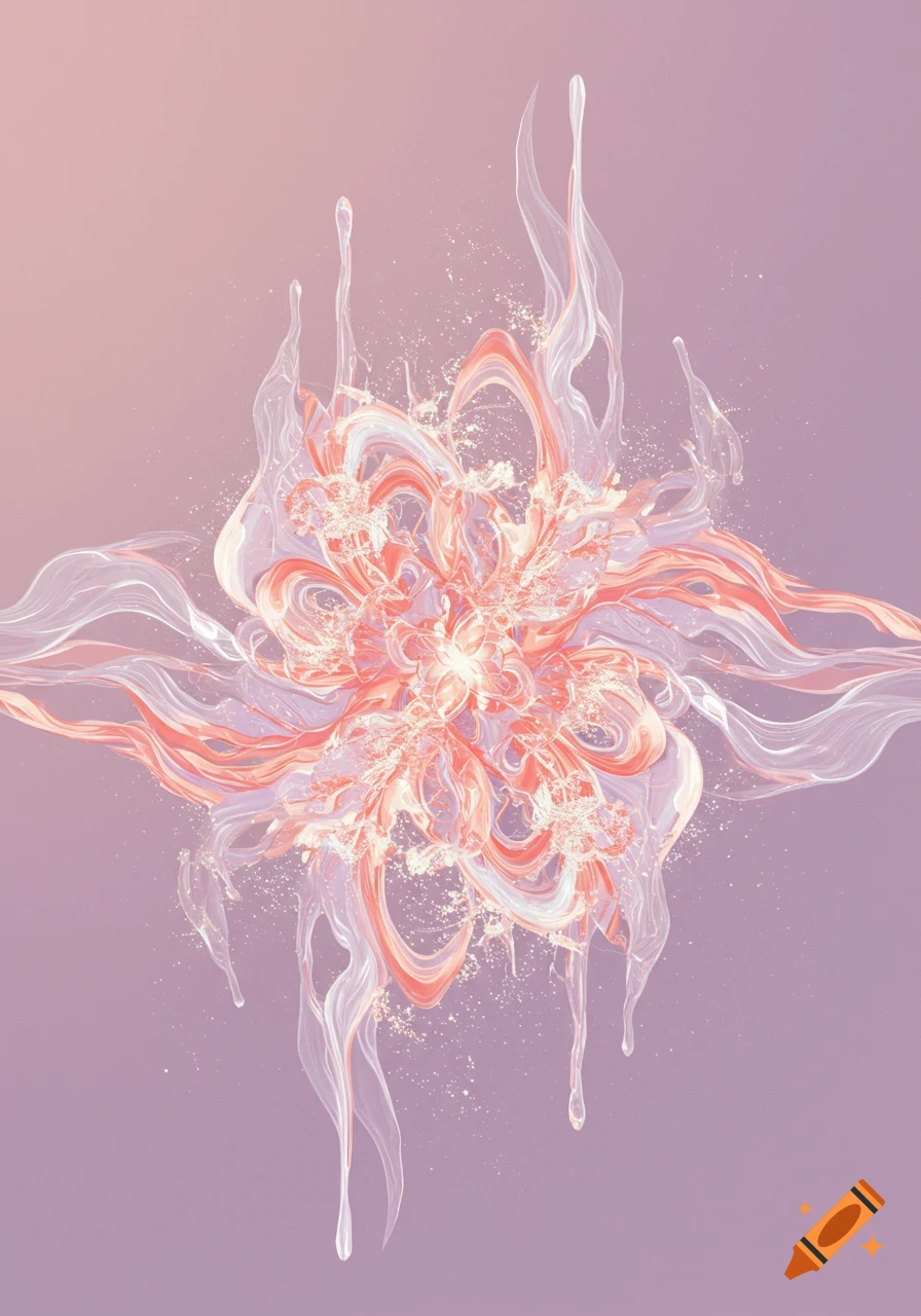Abstract digital art featuring flowing, translucent pink, orange, and white organic forms bursting against a soft pink and lavender background.