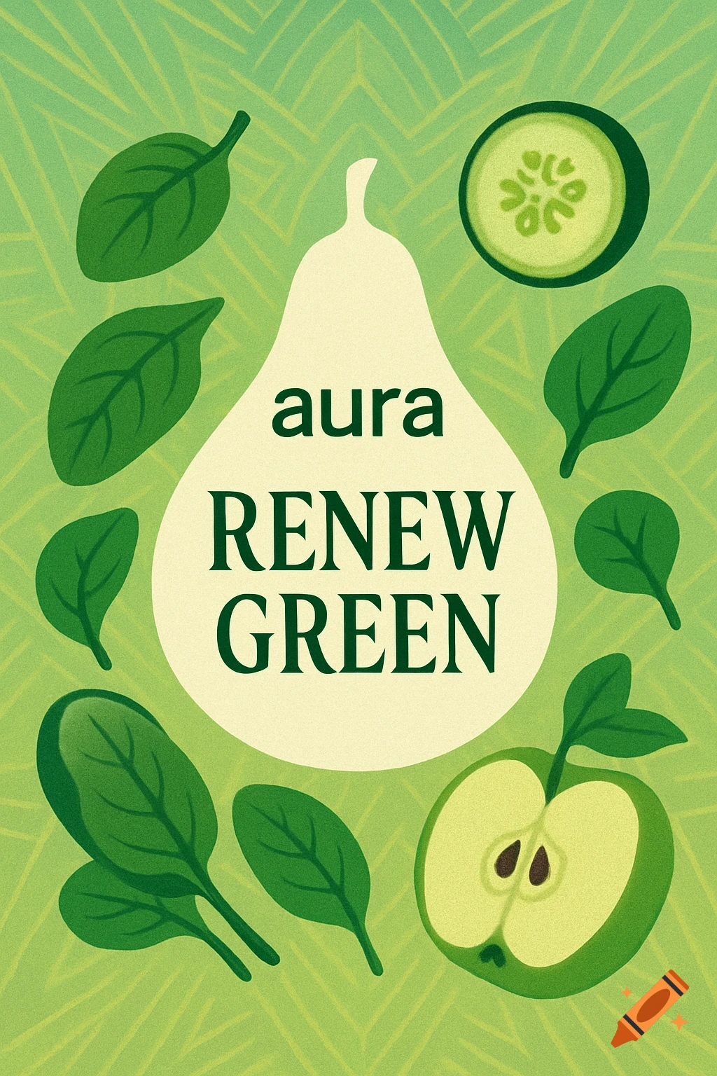 A green juice brand logo with a pear outline containing 'aura RENEW GREEN' text, surrounded by spinach leaves, a cucumber slice, and a sliced green apple.
