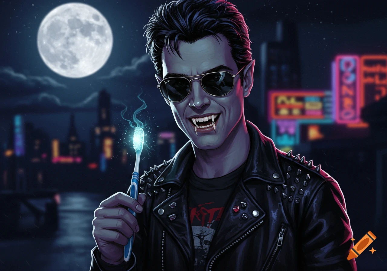 A stylized illustration of a cool vampire from "The Lost Boys" wearing Ray-Ban sunglasses, a leather jacket, and showing sparkling fangs, holding an electric toothbrush with glowing bristles, against a night city skyline with a full moon.