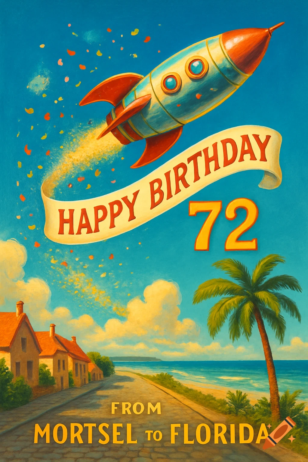A retro-style illustration of a rocket flying with a 'Happy Birthday 72' banner, over a coastal town and ocean with a palm tree. Text reads 'From Mortsel to Florida'.