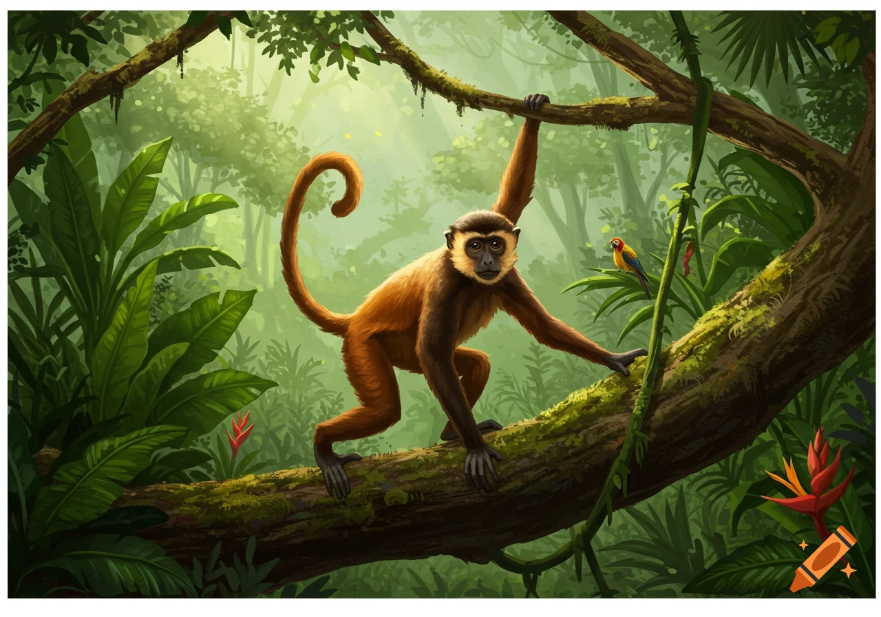 An illustrative painting of a brown monkey with a dark face, hanging from a mossy tree branch in a lush green jungle, with a small colorful bird on another branch in the background.