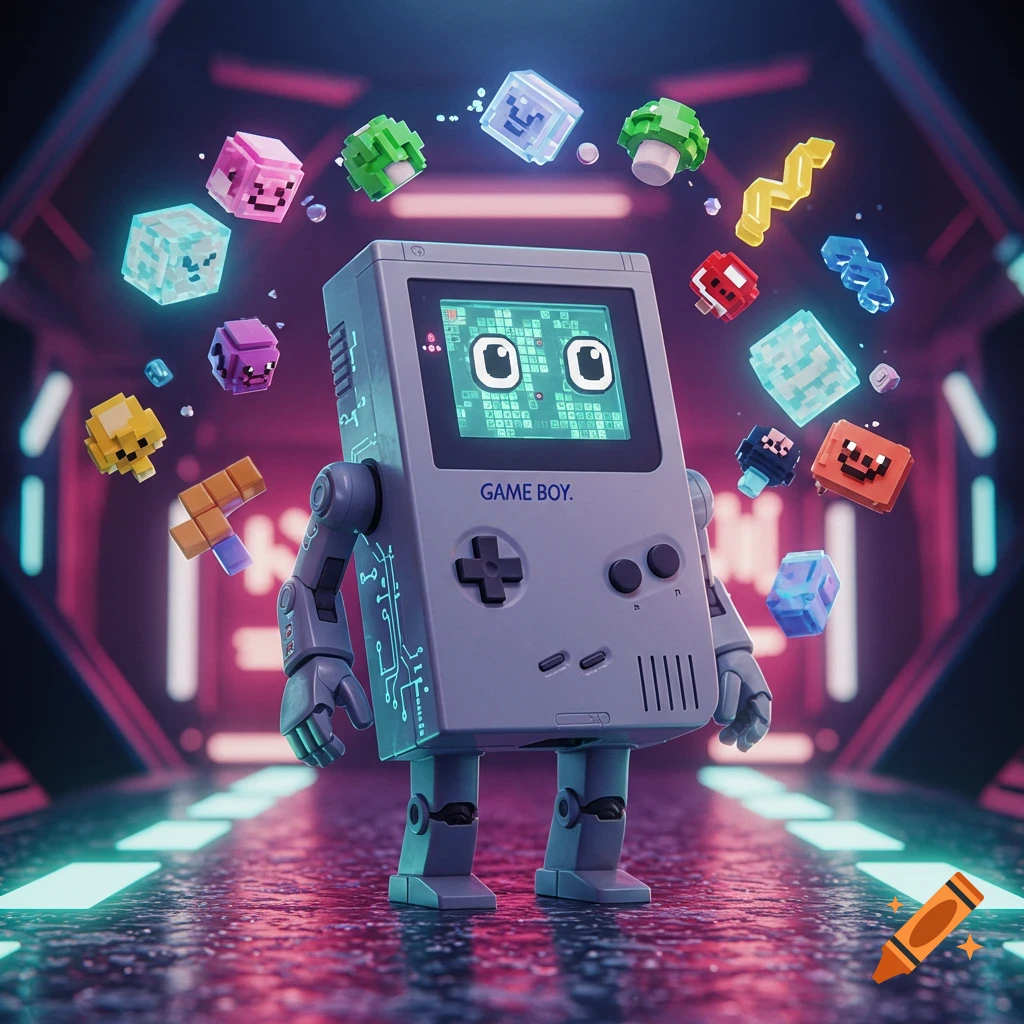 A Game Boy robot stands in a neon-lit futuristic hallway, surrounded by floating pixelated video game items.