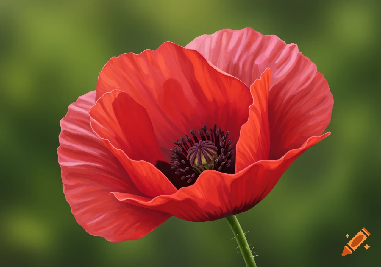 Close-up of a vibrant red poppy flower with a dark center and green stem against a soft green blurred background.