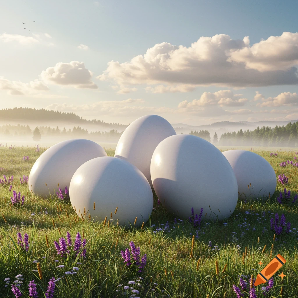 Giant white eggs sit in a lush green field with purple flowers, a misty forest, and a cloudy sky in a photorealistic style.