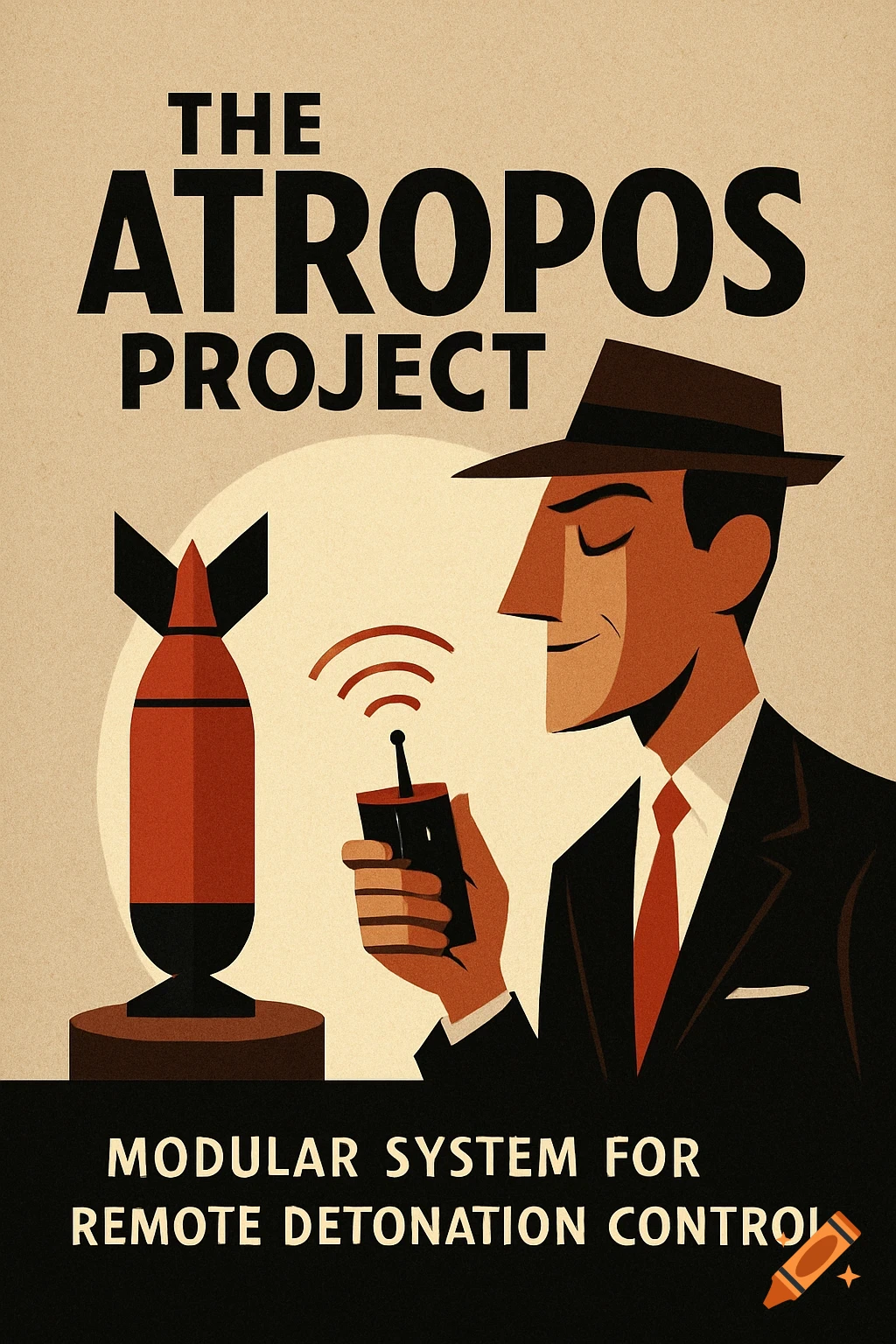 Vintage 1950s style poster of a man with a remote detonator next to a bomb for 'The Atropos Project'.