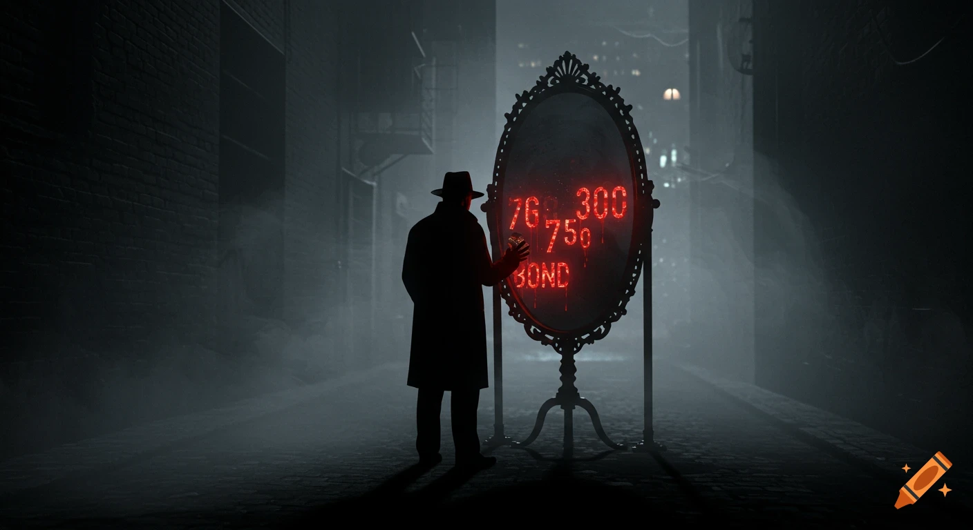 Noir image of a silhouetted figure in a trench coat and hat looking at an ornate mirror displaying glowing red text, including 'BOND', in a foggy city alley.