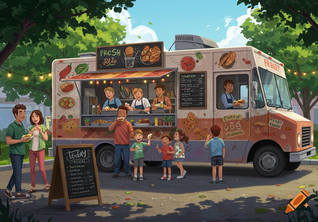 An outdoor illustration of a food truck serving various customers, including families and children, under string lights.
