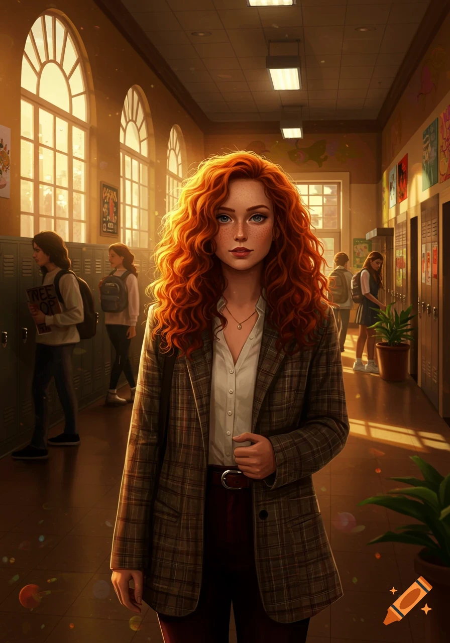 A digitally painted red-haired woman with freckles stands in a sunlit school hallway, wearing a plaid blazer, with other students in the background.
