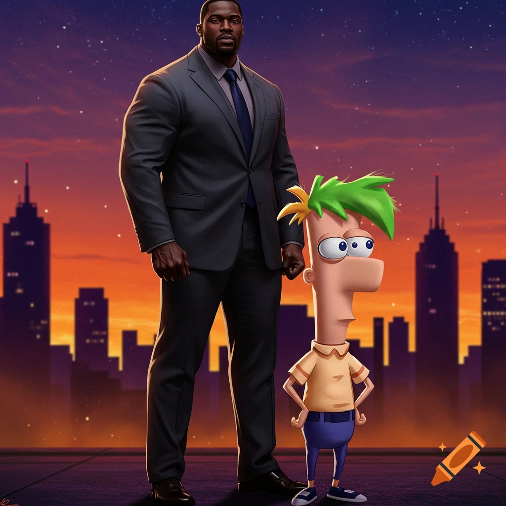 A muscled Black man in a suit stands next to a cartoon Ferb with green hair, silhouetted against an orange and purple cityscape at sunset.