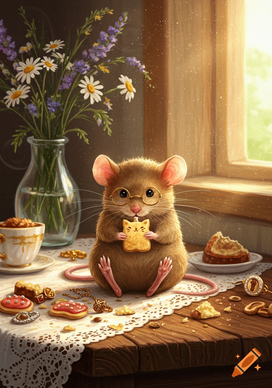A cute mouse wearing glasses sits at a wooden table, holding a cat-shaped cookie, surrounded by flowers and various sweets.