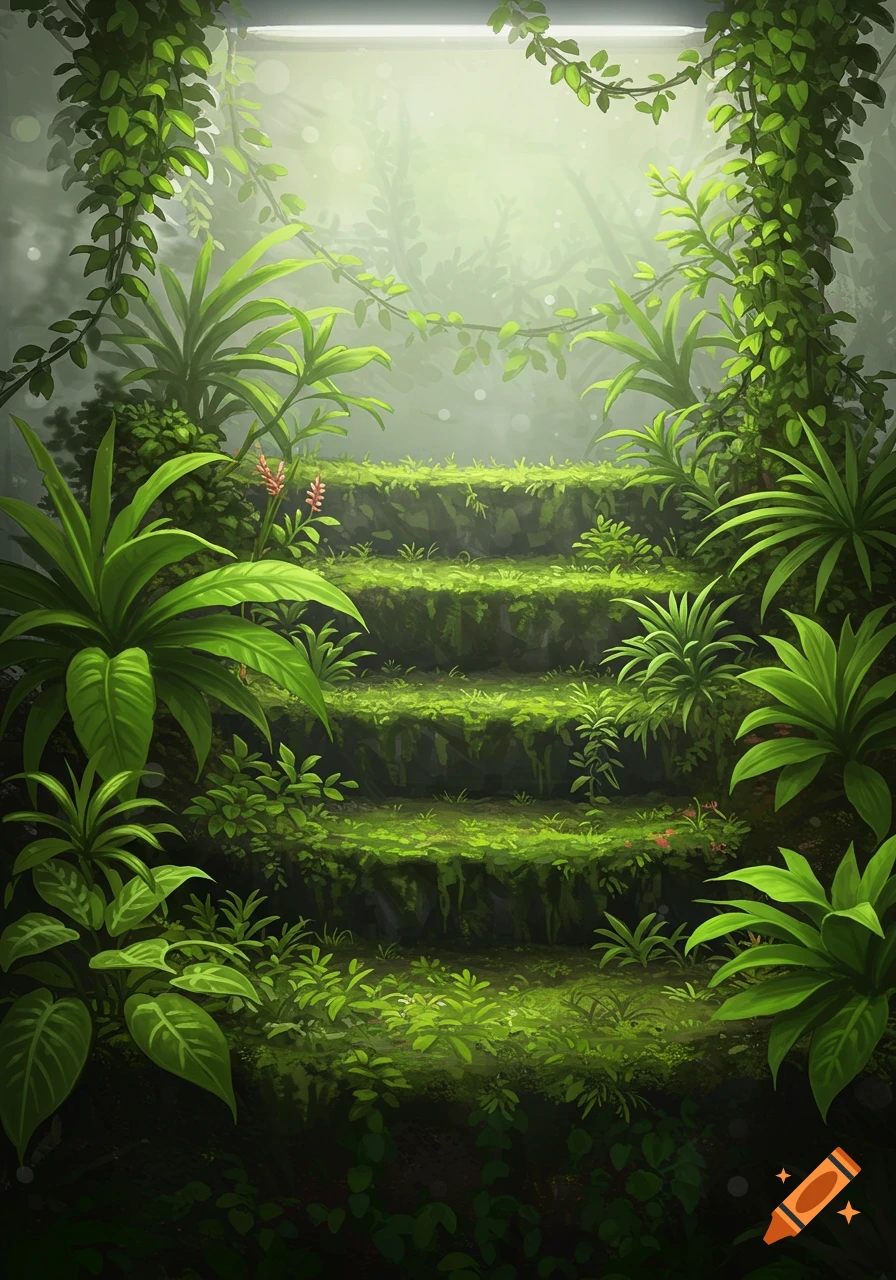 Lush, vibrant green vivarium with moss-covered stone steps surrounded by dense foliage and vines, illuminated from above. Illustration.