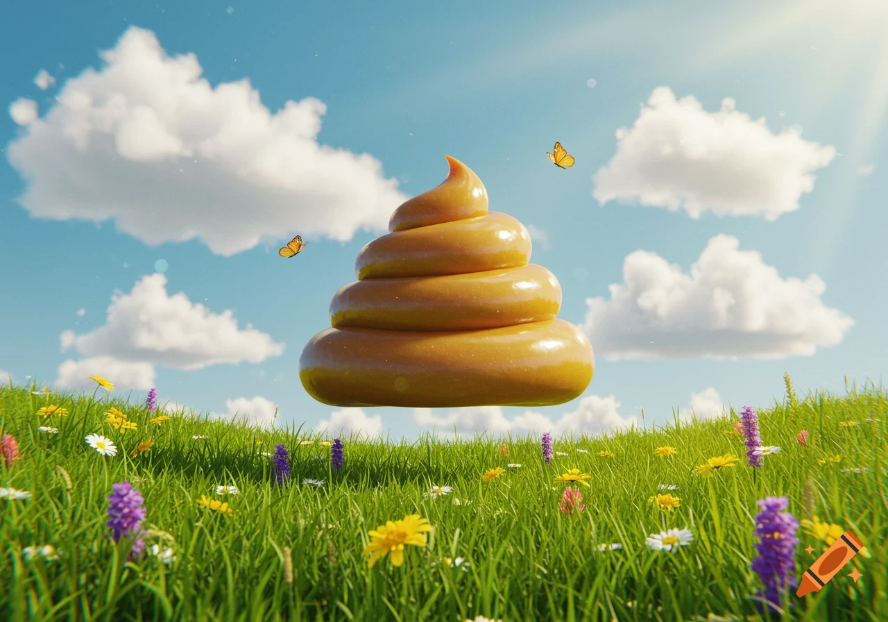 A cartoonish pile of brown poop floats over a vibrant green field with wildflowers, blue sky, and butterflies.