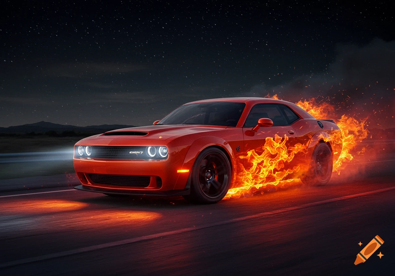 A red Dodge Challenger, engulfed in stylized flames, speeds down a road at night under a starry sky.