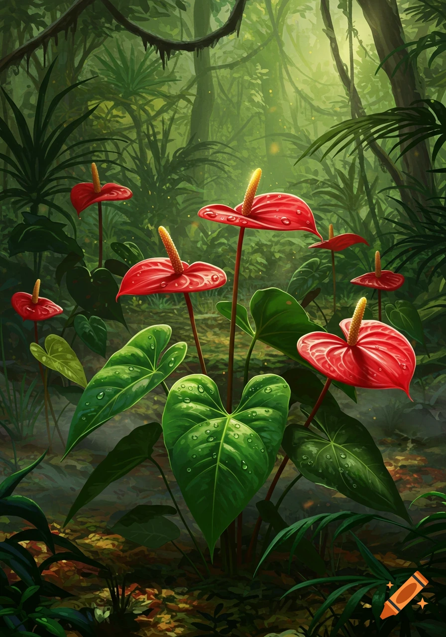 Vibrant red anthurium flowers with yellow spadices and dewy green leaves in a lush, sunlit jungle.