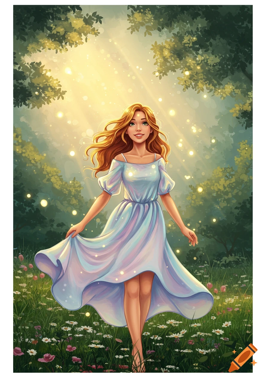 Smiling woman with long red hair in a light blue dress walks through a sunlit, ethereal forest filled with glowing particles, illustrated.