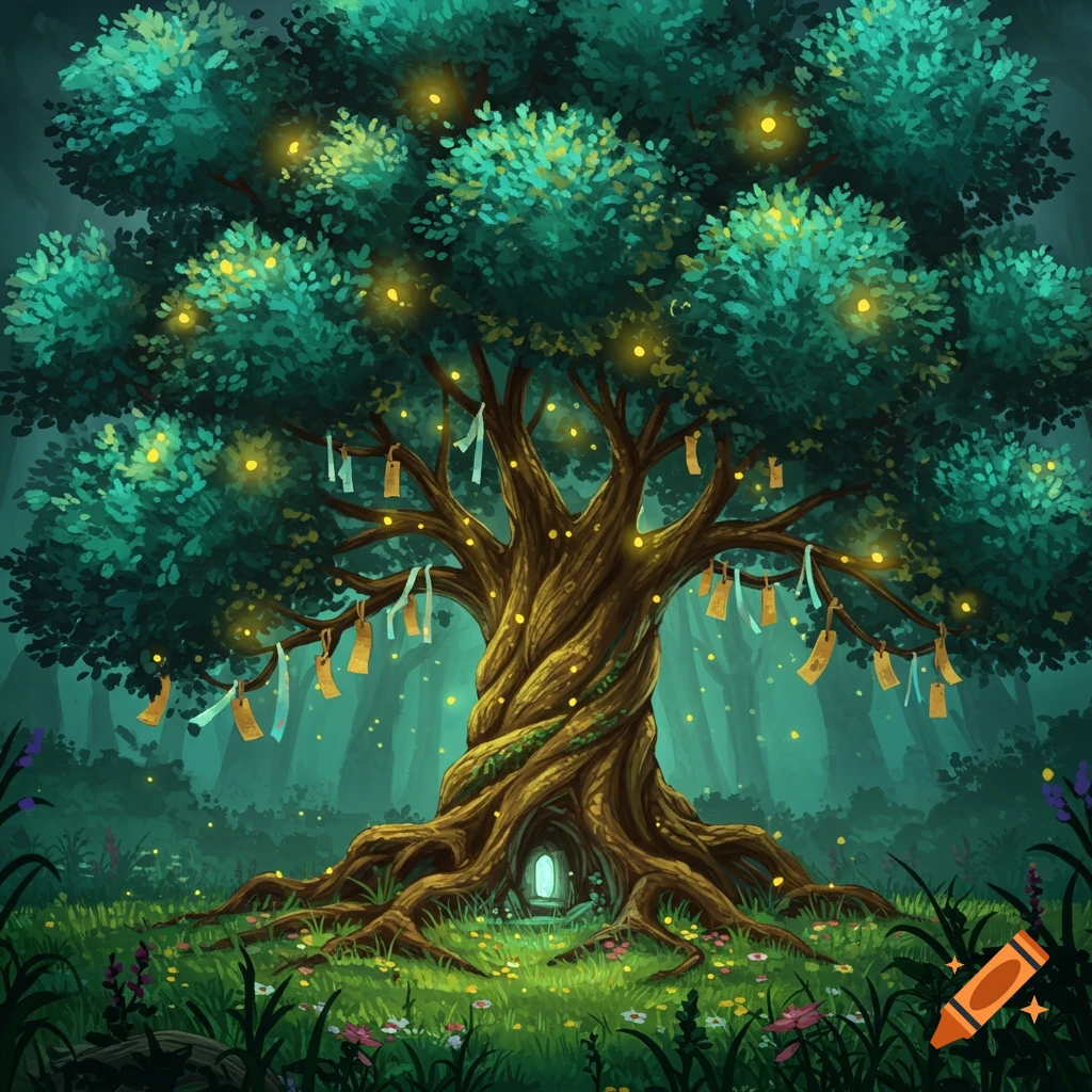 Whimsical fantasy illustration of an ancient wish tree with glowing lights, hanging tags, and a small door in a magical forest.