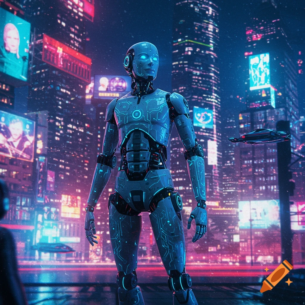 A robotic figure with glowing blue eyes stands in a neon-lit futuristic city at night, with towering skyscrapers and flying vehicles.