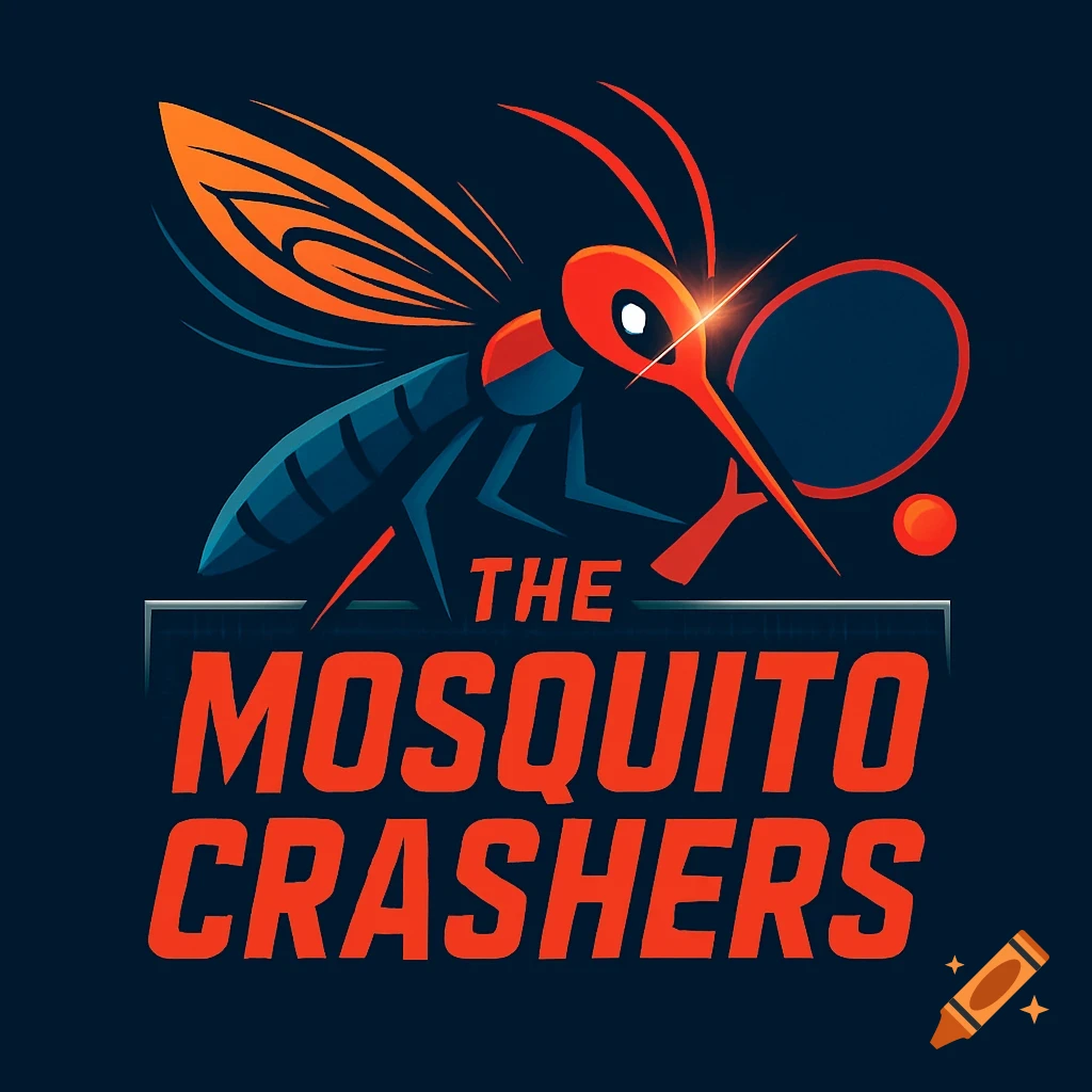 A stylized blue and orange mosquito logo holding a table tennis paddle, with the text 'THE MOSQUITO CRASHERS' below it.