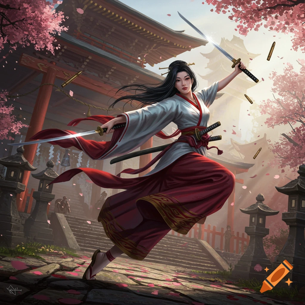 A dynamic illustration of a Japanese miko warrior leaping with two swords, deflecting bullets amidst cherry blossoms and temple architecture.